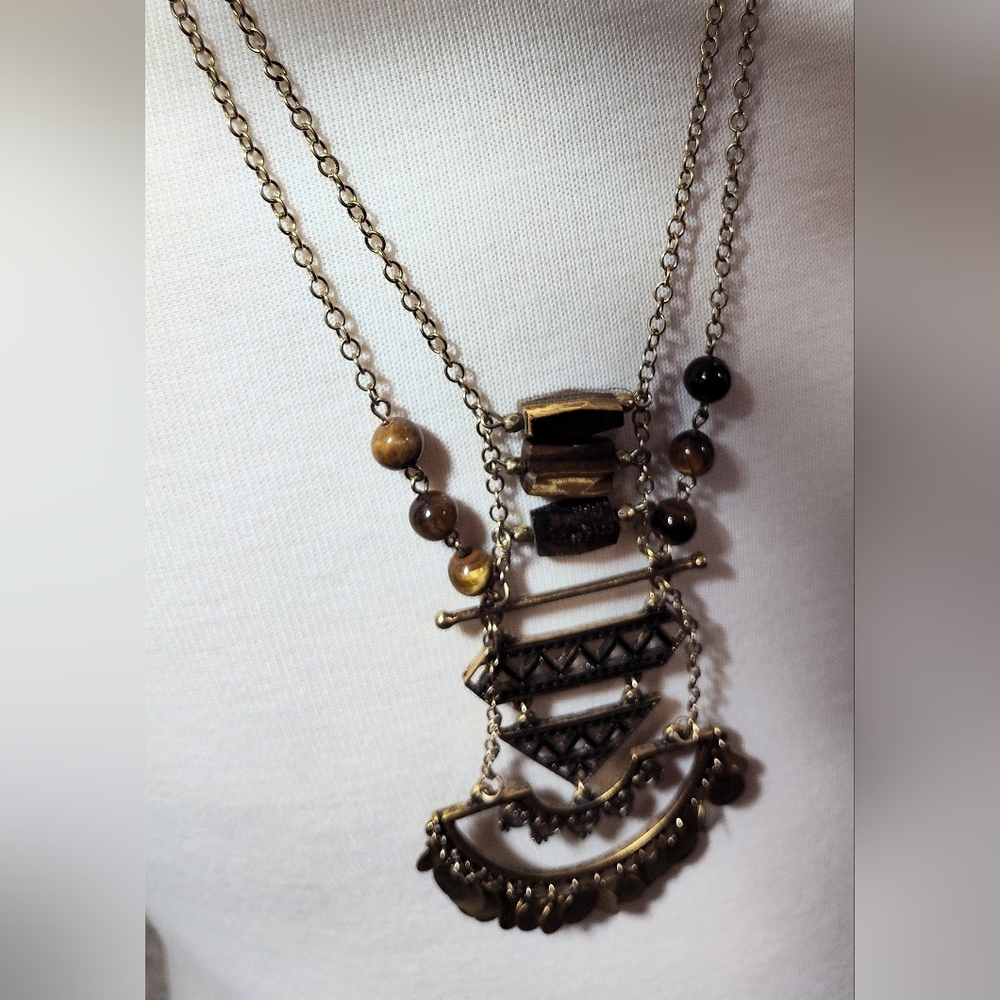Long Elegant Multi-Layered Necklace with Black and Gold Tortoise Beaded Accents